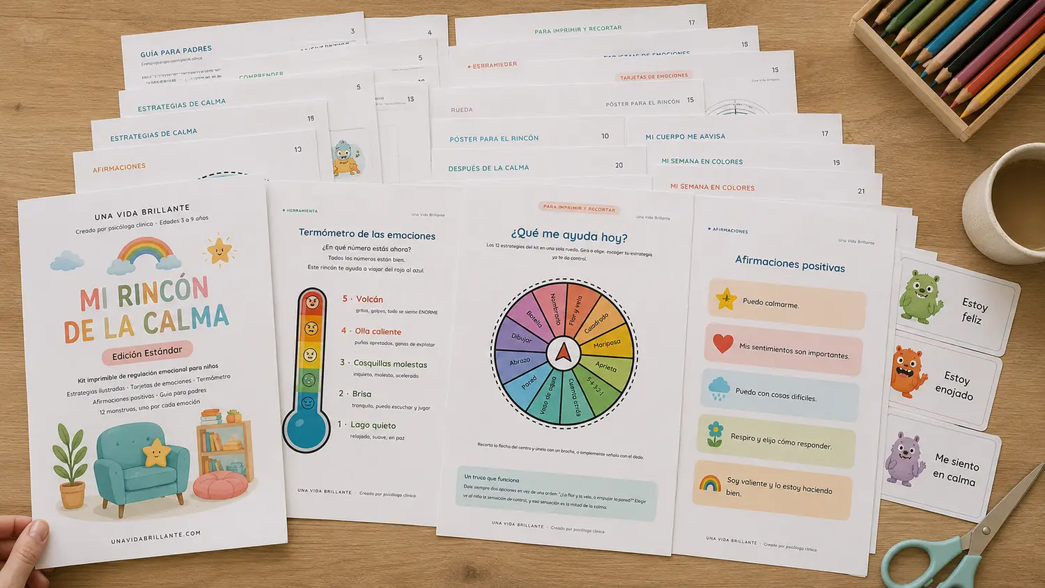 Las 21 páginas del kit impresas y extendidas sobre una mesa de madera: el termómetro de las emociones, la ruleta ¿qué me ayuda hoy?, las afirmaciones positivas y las tarjetas de emociones, junto a unos lápices de colores y unas tijeras.
