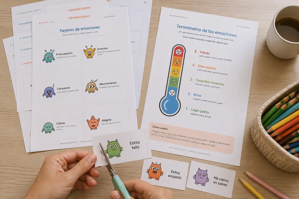 Manos recortando las tarjetas de emociones con unas tijeras, sobre una mesa con el termómetro de las emociones, lápices de colores y una taza de café.